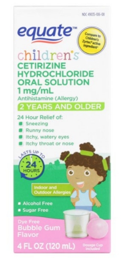 Picture of Thuốc giảm dị ứng dành cho trẻ em dạng lỏng equate children's allergy relief cetirizine hydrochloride oral solution - bubble gum