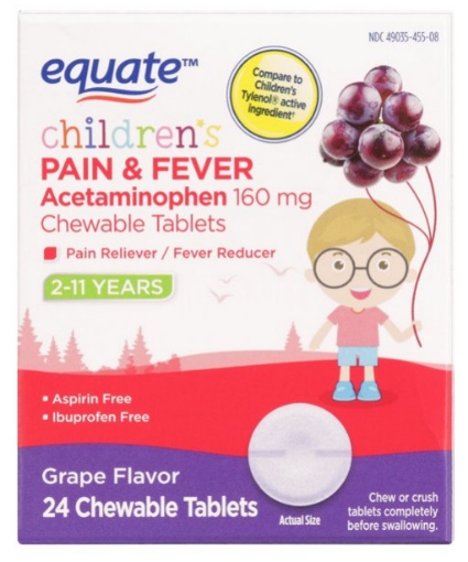Picture of Viên nhai giảm đau hạ sốt dành cho trẻ em equate children's pain & fever acetaminophen 160mg chewable tablets, grape flavor