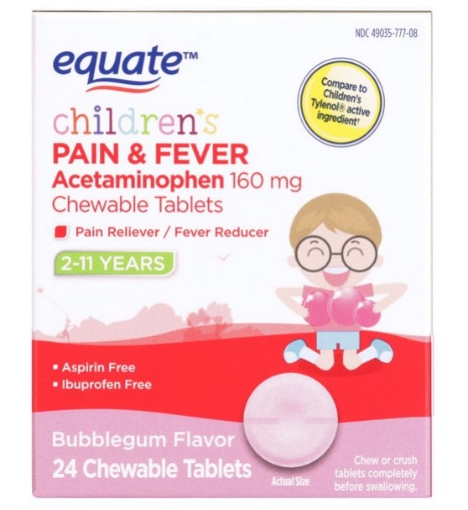 Picture of Viên nhai giảm đau hạ sốt dành cho trẻ em equate children's pain & fever acetaminophen 160mg chewable tablets, bubblegum flavor