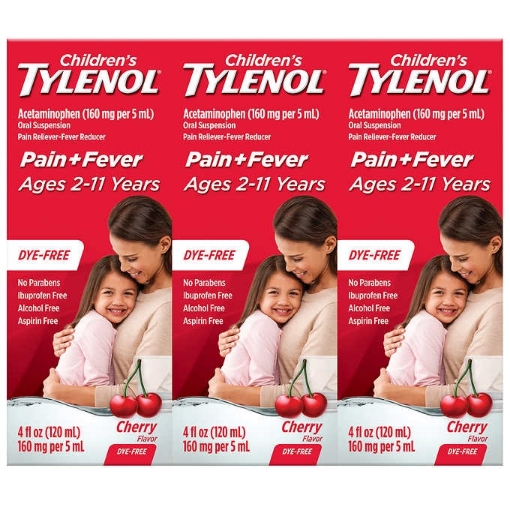 Picture of Siro giảm đau và hạ sốt dành cho trẻ em từ 2-11 tuổi hương anh đào children's tylenol pain reliever - fever reducer oral suspension medicine, cherry flavor, 3 pack