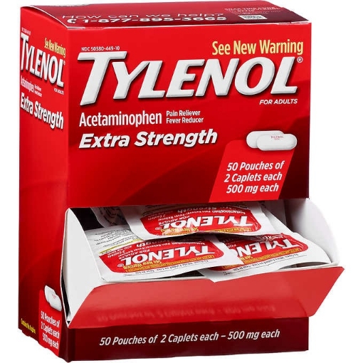 Picture of Thuốc giảm đau và hạ sốt tylenol extra strength acetaminophen, dispenser pack,2 viên/gói,50 gói ~100 viên