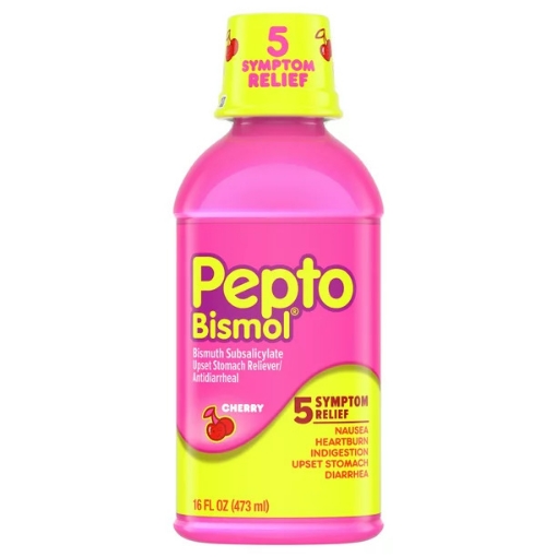 Picture of Siro giảm 5 triệu chứng dạ dày, tiêu hóa hương anh đào pepto bismol liquid for nausea, indigestion - 5 symptom fast relief, cherry flavor, 16 oz (1 pack)