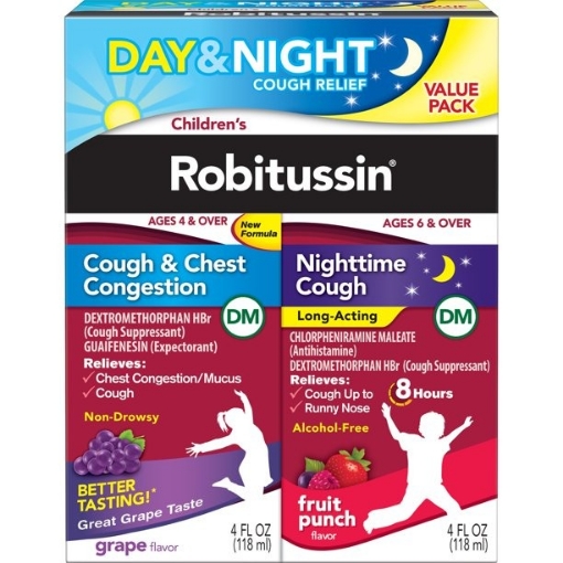 Picture of Siro trị ho, tắc nghẽn ngực ngày & đêm dành cho trẻ em children's robitussin cough + chest congestion dm & nighttime cough dm, 2 pack