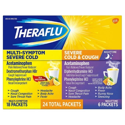 Picture of Thuốc làm dịu cảm cúm, cảm lạnh nặng ngày & đêm dạng bột theraflu multi - symptom severe cold + nighttime severe cold & cough, 24 gói