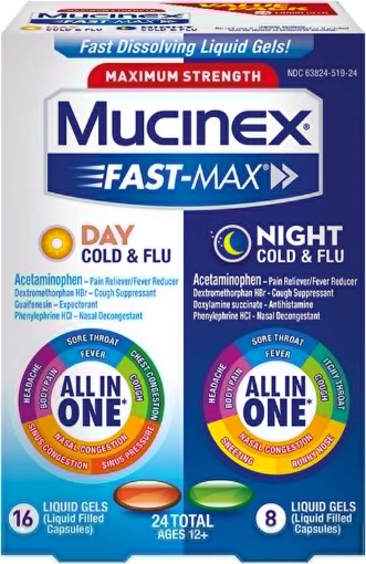 Picture of Thuốc trị cảm cúm, cảm lạnh ngày và đêm mucinex maximum strength fast-max day cold & flu and night cold & flu liquid gels