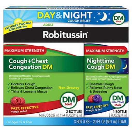 Picture of Siro trị ho, tắc nghẽn ngực ngày & đêm robitussin maximum strength cough + chest congestion dm & nighttime cough dm, 3 pack