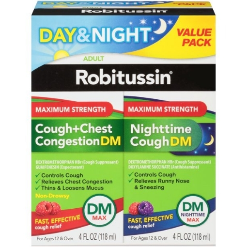 Picture of Siro trị ho, tắc nghẽn ngực ngày & đêm robitussin maximum strength cough + chest congestion dm & nighttime cough dm, 2 pack