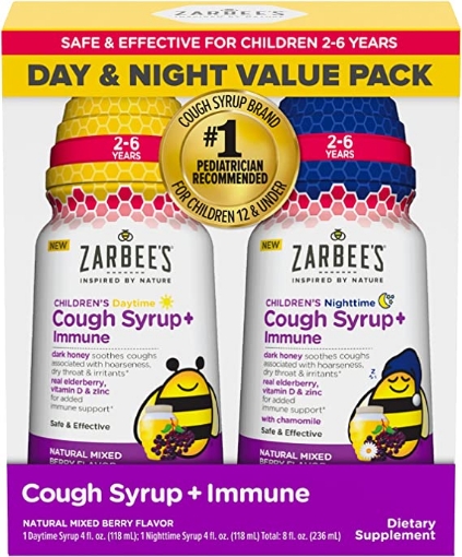 Picture of Siro ho trị ho ngày đêm dành cho trẻ từ 2-6 tuổi - zarbee’s kids cough + immune day / night value pack for children 2-6 with dark honey, vitamin d & zinc ( 2 pack )( 1 daytime syrups ; 1 nightime syrup)