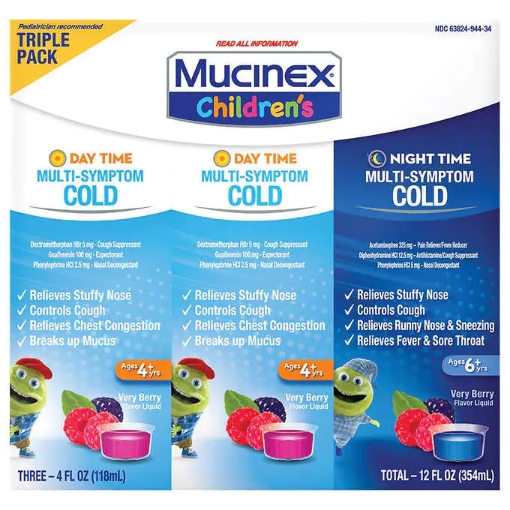 Picture of Siro trị cảm lạnh nặng ngày & đêm dành cho trẻ em mucinex children's multi - symptom cold daytime & nighttime, very berry, (3 pack)