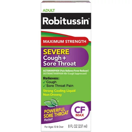 Picture of Siro trị ho, tắc nghẽn ngực dành cho người lớn robitussin adult maximum strength severe cough and sore throat relief syrup 8 fl. oz