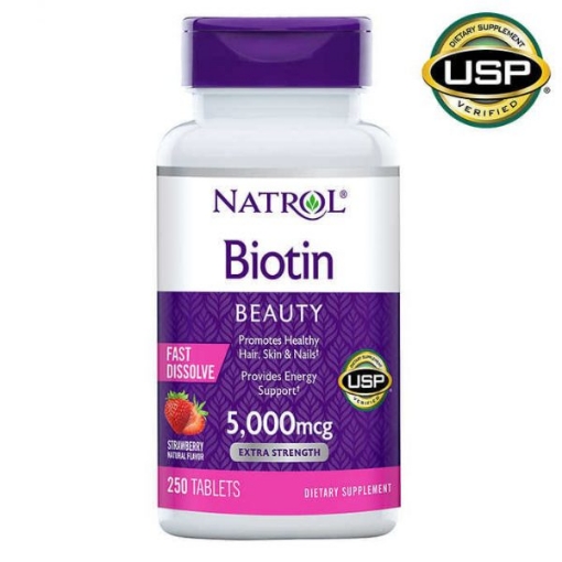 Picture of Viên nhai đẹp da, tóc và móng Natrol Biotin 5000 mcg Extra Strength, Strawberry Natural Flavor, 250 viên