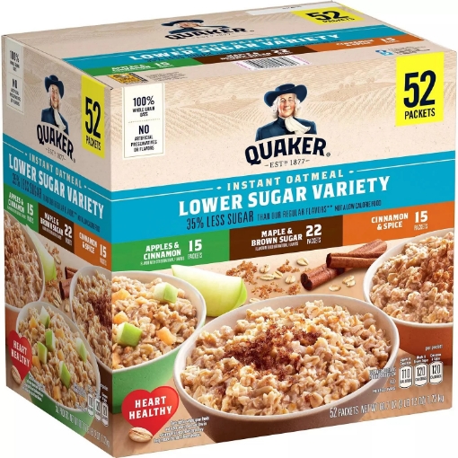 Picture of Bột yến mạch ăn liền ít hơn 35% đường quaker oats instant oatmeal lower sugar, 52 gói