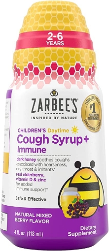 Picture of Siro ho + miễn dịch ban ngày cho độtuổi 2-6 với mật ong, vitamin d & kẽm, quả mọng hỗn hợp zarbee's kids cough + immune daytime for children 2-6 with dark honey