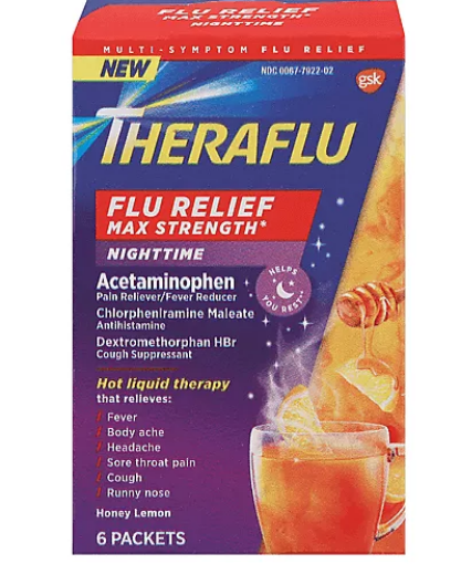 Picture of Thuốc làm dịu cảm cúm, cảm lạnh nặng dạng bột vị chanh mật ong 6 gói - theraflu nighttime max strength honey lemon multi-symptom flu relief 6 packs