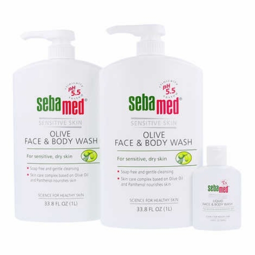 Picture of Bộ sữa rửa mặt dưỡng ẩm, ngăn ngừa mụn cho da nhạy cảm sebamed soap free face & body wash and travel size wash, olive