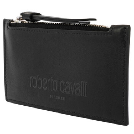 Picture of ROBERTO CAVALLI Men's Black Vitello Liscio Logo Print Card Case