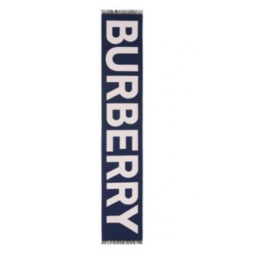 Picture of BURBERRY Navy Logo Wool Jacquard Fringed Scarf