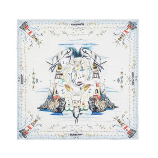 Picture of BURBERRY White Marine Sketch Print Silk Square Scarf