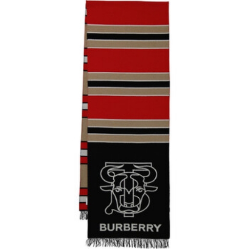 Picture of BURBERRY Bright Red Classic Logo Striped Jacquard Scarf